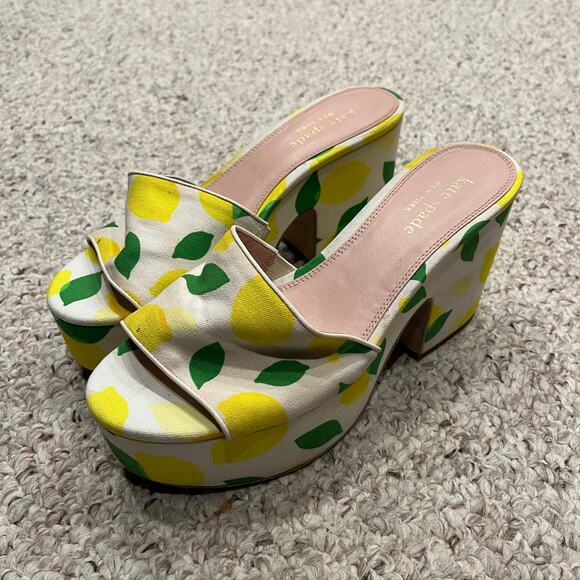 Kate Spade New York Ibiza Platform Sandals Sz 9.5 B Lemon Toss Print Preppy - Picture 1 of 6